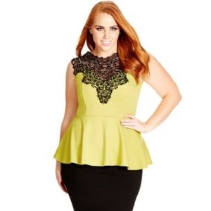BNWT City Chic Lace Love Ponte Peplum Top in charteuse sz M (plus size)